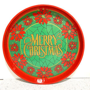 Vintage Merry Christmas Serving Tray Metal Colorful Festive Holiday Barware 80s